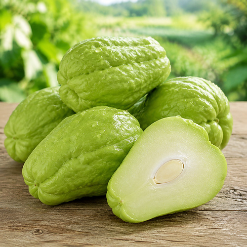 Fresh green chayote, whole and cut